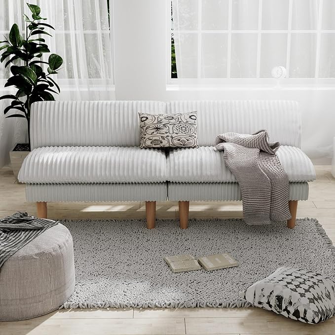 2 Sets 69" Futon Sofa Bed, 4 in 1 Multi-Function Couch Sleeper with Adjustable Backrest, Modern Convertible Futon, Recliner Small Loveseat for Living Room, Plush Beige
