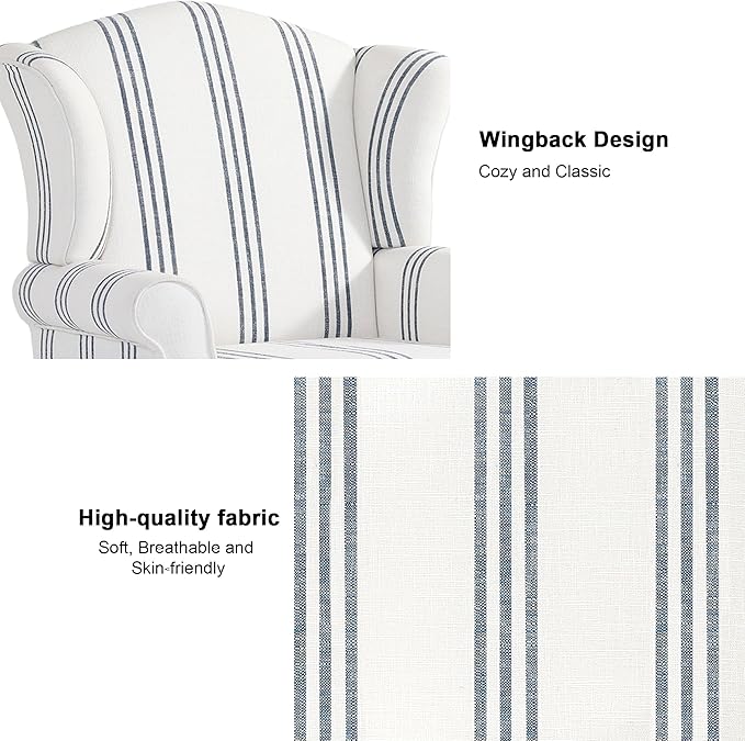 DREAMSIDEA Accent Chair, High Back Upholstered Armchair with High Resilience Sponge & Wood Legs, Mid-Century Modern Comfy Single Sofa Reading Chairs for Living Room, Bedroom - Stripe Navy, Set of 1