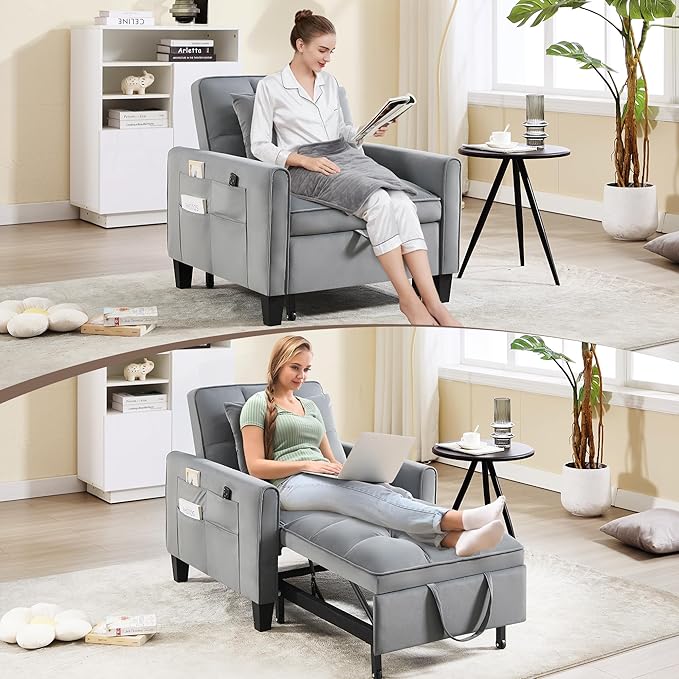 choairy Convertible Sleeper Chair, 3 in 1 Sleeper Chair Bed Pull Out Sofa Bed Chairs, Velvet Single Sofa Beds with Adjustable Backrest for Adults Reading Living Room, Bedroom, Dark Grey