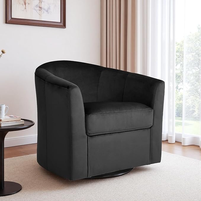 DREAMSIDEA Swivel Accent Chair, Upholstered Velvet Barrel Armchair, Modern Round Single Sofa Seating Comfy Reading Corner Chairs for Living Room Bedroom, Fully Assembled (Velvet Black, Set of 1)