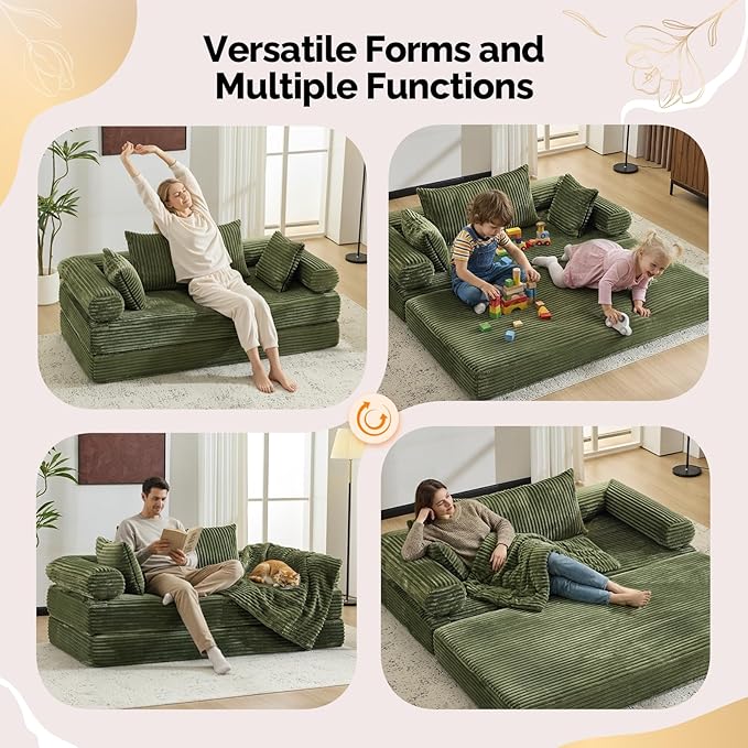VINGLI Convertible Futon Sofa Bed, Upholstered Corduroy Boneless Couch King Size Floor Loveseat Sleeper Sofa with 2-in-1 Throw Pillow, Couches for Living Room, Bedroom, Lounge, Green
