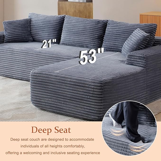 HYJT-H&K Modular Sectional Sofa Cloud Sectional Couch, 95" Comfy Fluffy L Shaped Grey Couches for Living Room, Deep Seat Memory Foam Plush Corduroy Boneless Couch Sectionals Right Facing Chaise Sofa
