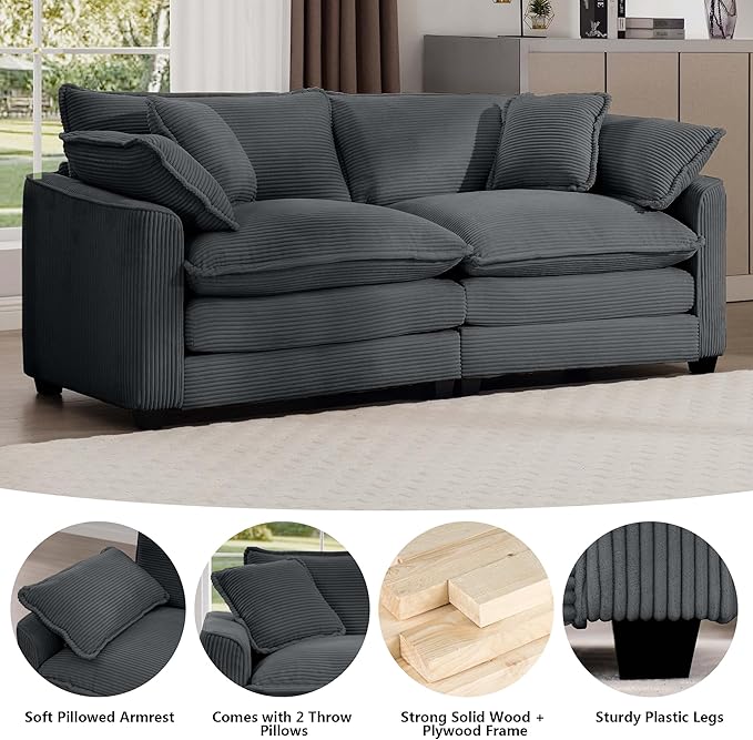Aoowow Corduroy Loveseat Couch,Modern 2 Seater Cloud Couches for Living Room,Modular Sectional Cloud Sofas with Deep Seat,Large Love Seat for Small Spaces,Apartment,Office. (Grey, 2 Seater)