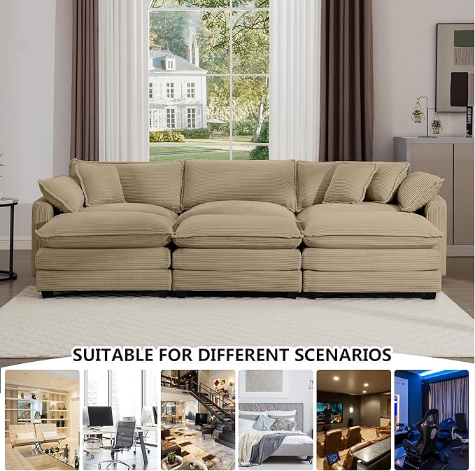 Aoowow Corduroy 3 Seater Sleeper Couch with Ottomans,Large Cloud Couches for Living Room,Tufted Modular Sectional Cloud Sofas Deep Seat,Oversized Chaise Lounge Sofa (Tan, 3 Seater + 3 Ottoman)