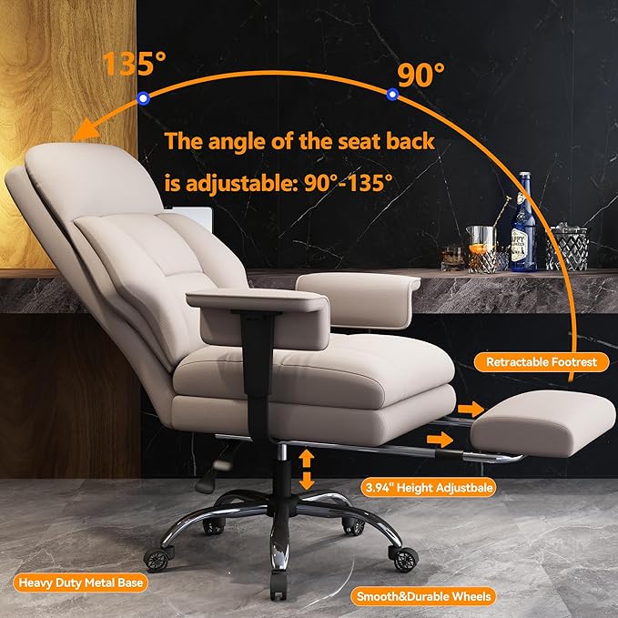WXJHL Office Chair with Leg Rest, Leather High Back Executive Office Chair with Wheels, Ergonomic Desk Chairs with Lumbar Support for Home Office, Beige