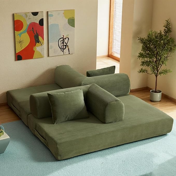 59 Inch 5-in-1 Convertible Sofa Bed, Corduroy Boneless Floor Couch with Fixed Frame & Pillow, Modular Folding Mattress Lounger for Small Space, Living Room, Bedroom - Easy Assembly(LIGHT GREEN)