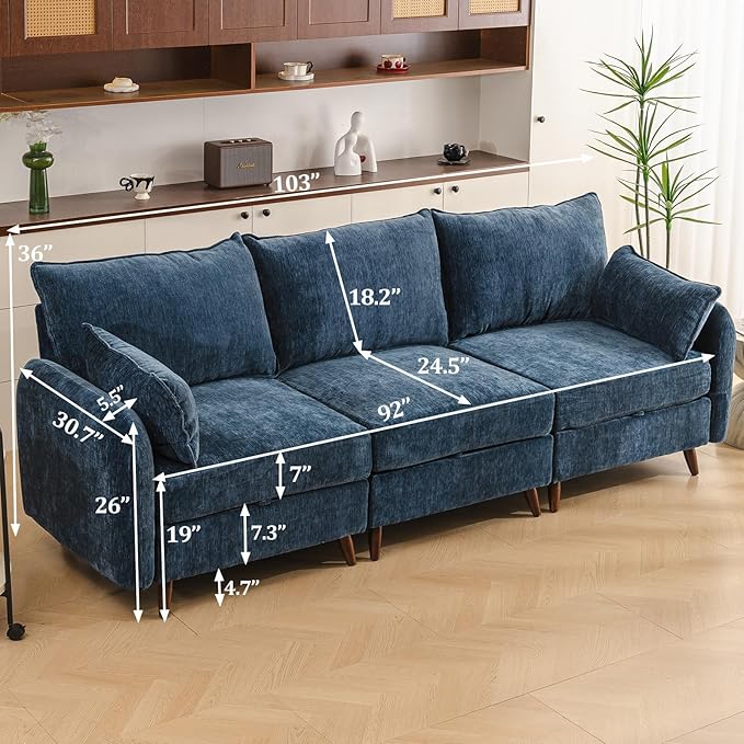 Rexulqo 104'' Modular Sectional Sofa with All Seats Storage,Oversized 3-Seater Comfy Cloud Couches with 7.8'' Thick Cushion,24.5'' Deep Seat,Big Couch for Living Room,Bedroom,Velet,Blue