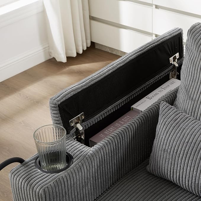 Merax Modern Upholstered Indoor Chaise Lounge with Pillows, Charge Station & Cup Holders, Single Sofa Couch with Armrest and Soild Legs, Easy Assemble Gray