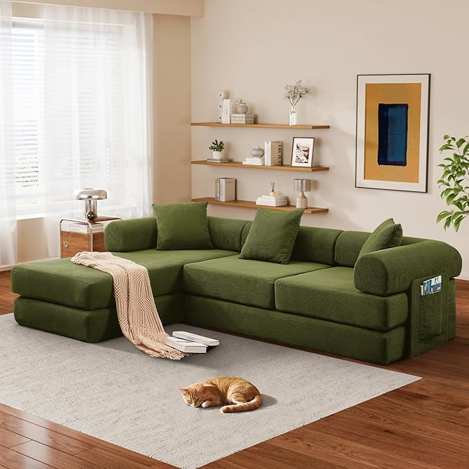 L Shaped Convertible Modular Sofa Bed with Cylindrical Pillow & Reversible Chaise, Corduroy Folding Floor Sofa Couch Bed with Fixed-Shape Frame & Storage Pocket for Living Room, Green