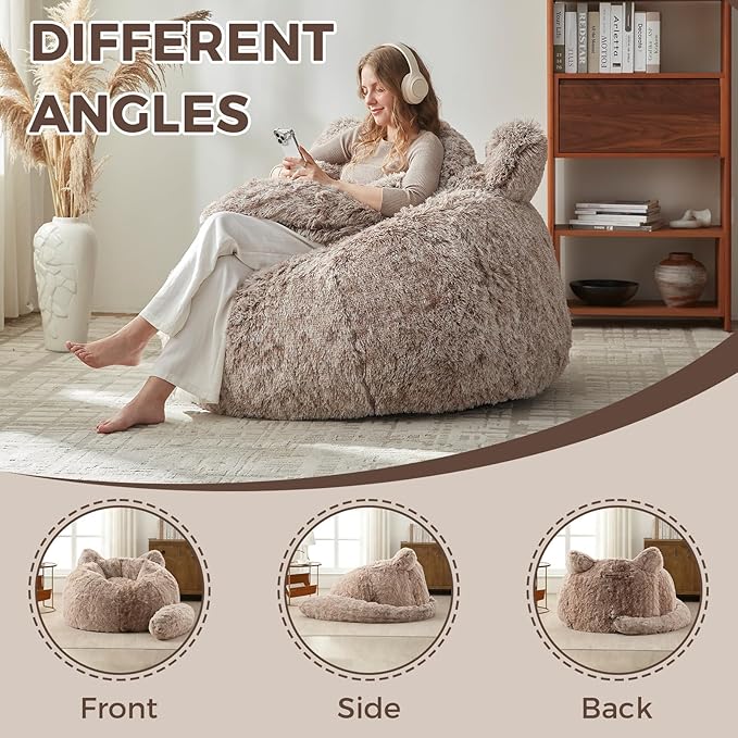 Bean Bag Chair for Adults Teen,Giant Bean Bag Chairs Cat Design,Plush Faux Fur Beanbag Couch Comfy Accent Floor Sofa for Reading, Playing, Relaxing in Living Room, Bedroom
