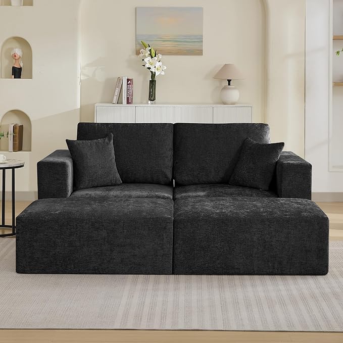 83'' Boneless Loveseat Sofa, Comfy Deep Seat Cloud Couch with 2 Moveable Ottoman, No Assembly Chenille Love Seat for Living Room, Black