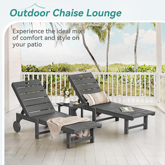 Homenjoy Outdoor Chaise Lounge Chairs with Table, 3-Piece, 26.8” Super Wide Lounge Chair Outdoor, HDPS Pool Chairs with 5 Positions, Patio Lounge Chair with Wheels for Pool,Lawn,Backyard, Dark Gray