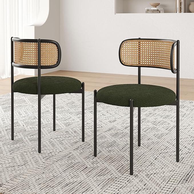 Farini Modern Upholstered Dining Chairs Set of 2,Rattan Back Dining Room Chairs,Accent Kitchen Chairs with Metal Legs,Green