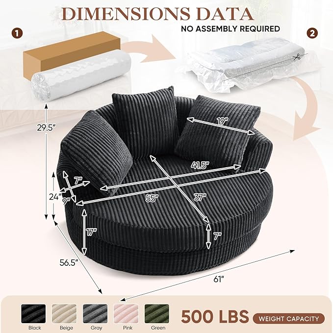 61"W Oversized Round Chaise Lounge Chair Indoor, Upholstered Corduroy Large Circle Boneless Chair with Deep Seat, No Assembly Required, Modern Comfy Cloud Sofa Chairs for Living Room, Bedroom(Grey)