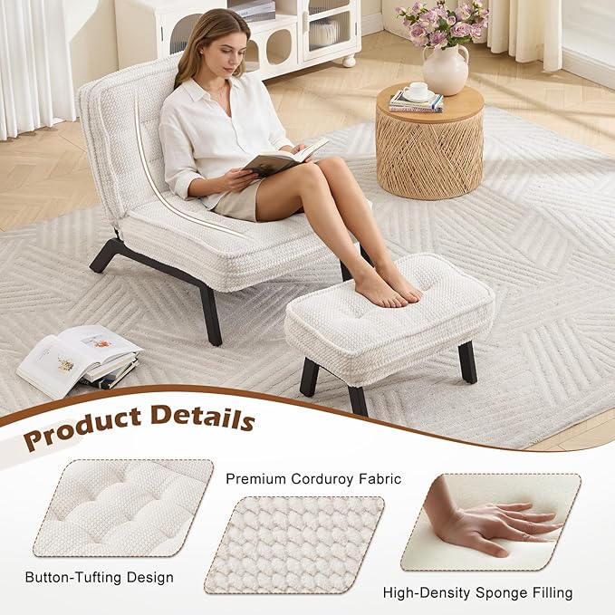 ANJ Accent Chair with Ottoman Adjustable Backrest, Living Room Chair Tufted Upholstered Lounge Chair with Footrest Set, Modern Chair Cozy Reclining Chair for Reading Room Bedroom