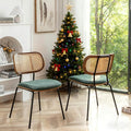 HOCEWI Rattan Dining Chairs Set of 2, Mid Century Modern Dining Chairs with Cane Back for Kitchen Dining Room, 19 Inch Fabric Green