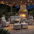 Luxury High Back Outdoor Furniture with 6-inch Extra Thick Cushions, Patio Furniture Set with Fire Pit Table & Swivel Chairs, 7 PCS Wicker Conversation Set for Patio, Yard, Deck, Poolside, Brown/Grey