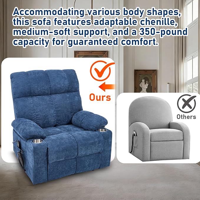 Oversized Recliner Electric Lift Chair, Power Lift Recliner for Big and Tall, 180° Lay-Flat and Assisted Standing, Extra Large Sofa with 8-Point Massage & Heating, Medium-Soft, Blue