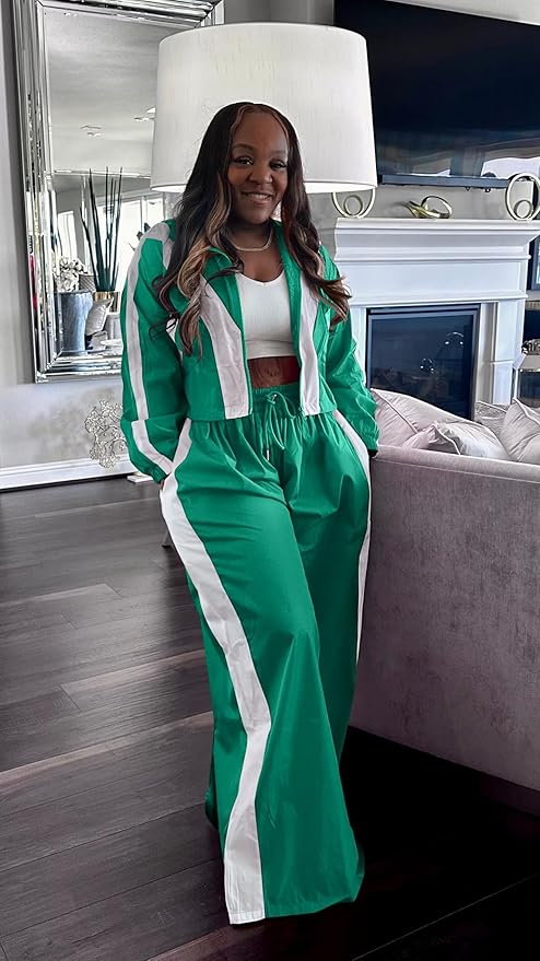 Women Striped 2 Piece Outfits Fall Workout Sets Windbreaker Tracksuit Crop Jacket Wide Leg Pants with Pockets