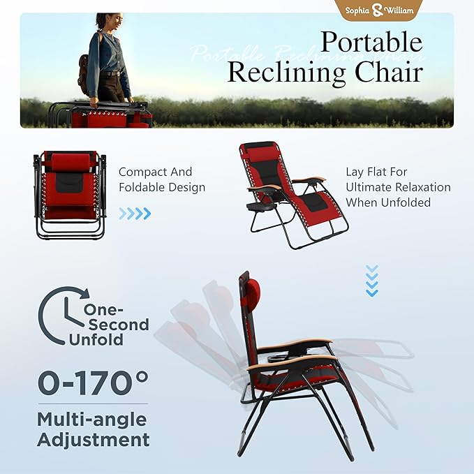 Sophia & William Oversize Zero Gravity Chair, Padded Recliner with Free Cup Holder, Supports 400 LBS (Red)