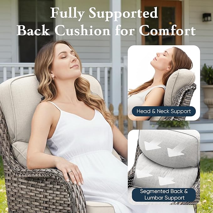 Belord Luxury 6" Thick Cushioned 6 Pieces Patio Furniture Set with Outdoor Couch, Wicker Outdoor Conversation Set with High Back Swivel Rocker Chairs for Deck Porch Yard and Poolside - Grey+Blue