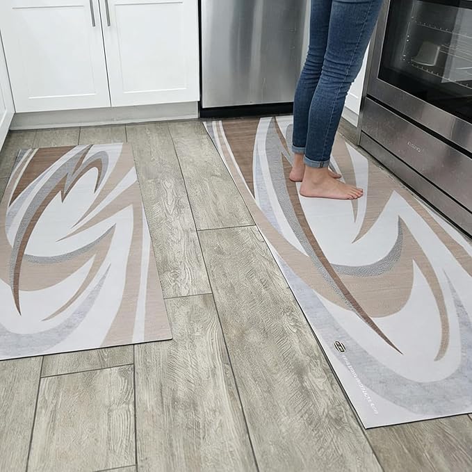 EEZ RV Products Anti-Fatigue Kitchen Mat Set of 2 Non Slip Cushioned Mats and Runner for an RV or a Home-Brown