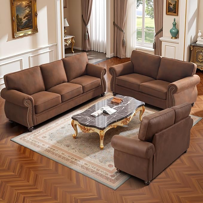 Couchus Living Room Furniture Sets,Sofa Sets and Couch Sets for Living Room,Mid-Century Vintage Sofa Couches with Rivet Design (Caramel, Single+Loveseat)