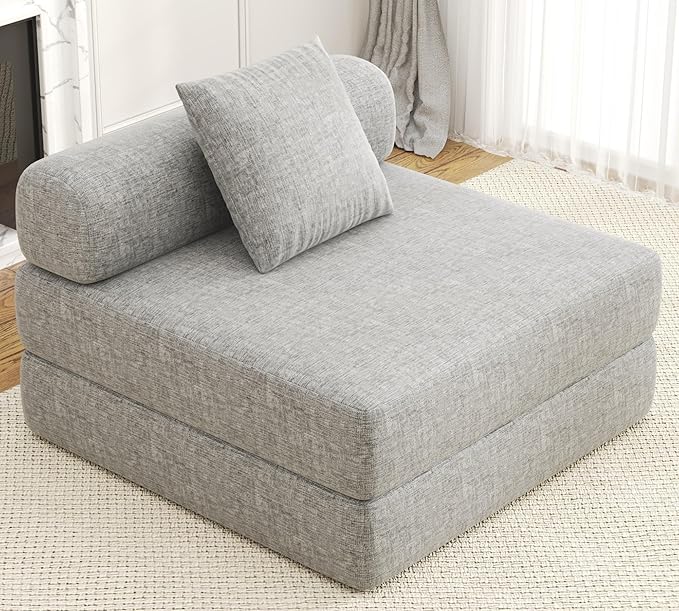 DURASPACE 39.2'' Folding Sofa Bed, Floor Foldable Futon with Memory Foam, Convertible Sleeper Chair with Back Support for Living Room (Chenille Gray)