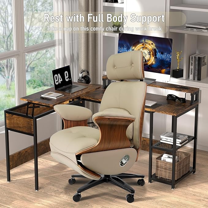 Genuine Leather Office Chair with Electric Reclining, Footrest, Lifting and Massage Function, 350lbs Capacity Ergonomic Executive Chair with Alu Base and 360° Wheels for Home Living Room