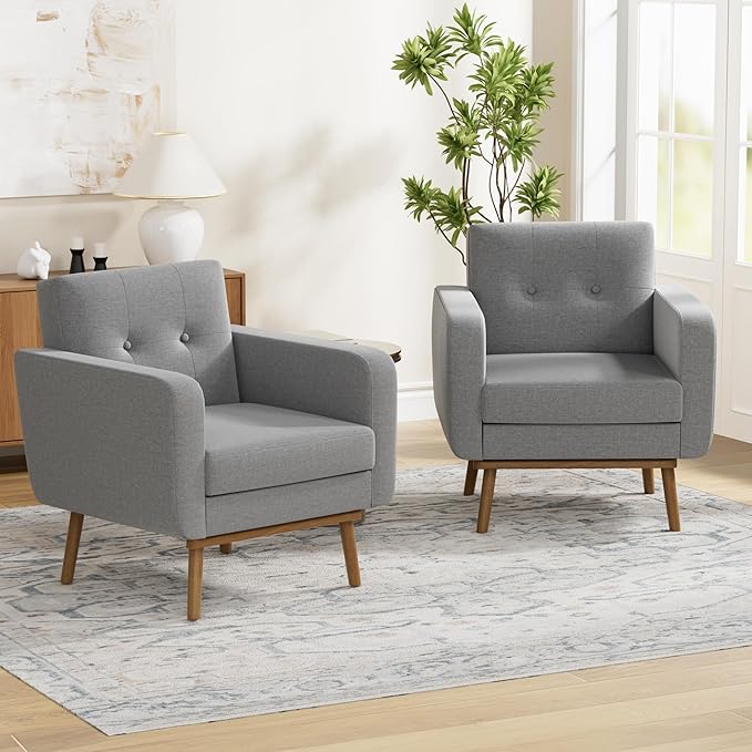 HUIMO Fabric Accent Chairs Set of 2, Button Tufted Living Room Chairs Easy to Install, Mid Century Modern Chair, Upholstered Arm Chair for Living Room Bedroom Study Office (Dark Grey)