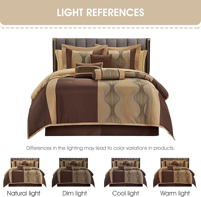 Grand Avenue Elegant Brown Comforter Set King Size, Striped,15 Piece Room-in-A-Bag, Jacquard Bedding Set, All Season, Matching Decorative Pillows, Pillow Sham, Curtains