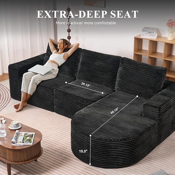 Modular Sectional Sofa with L-Shape Chaise,Cloud Sectional Modern Sleeper Couch with Deep Seat,Sponge Compression Sofas No Assembly Required (Black-Corduroy Fabric) 1PCS