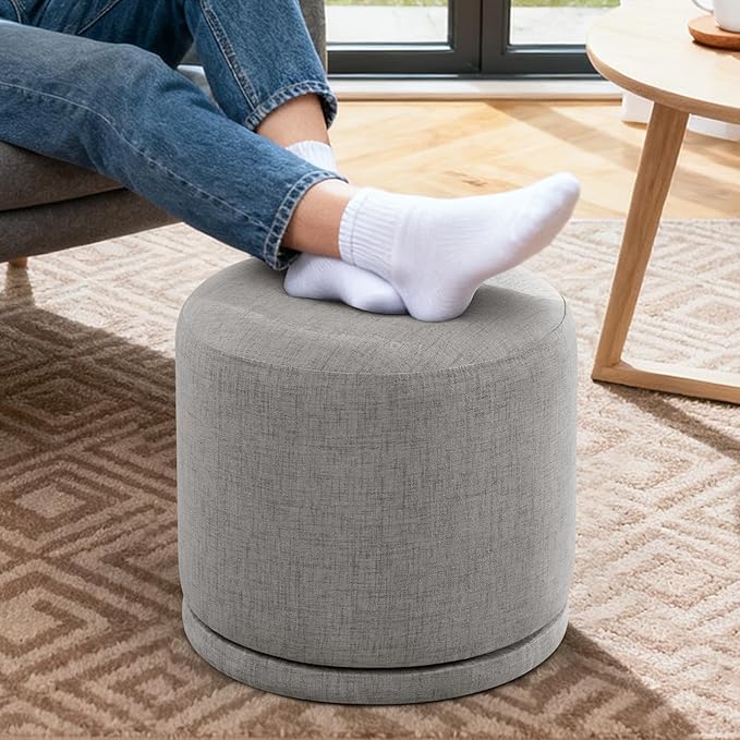 Round Pouf Ottoman & Swivel Foot Rest,Linen Vanity Stool-Upholstered Floor Chair,Footstool with Sturdy Acacia Wood Frame(500lbs),Small Coffee Table Ottoman for Living Room,Bedroom