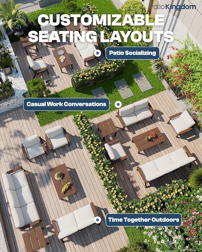 Patio Kingdom HDPE 7 Piece Patio Furniture Set, HDPE Outdoor Sectional with with Beige Thick Cushions, Coffee Table and Side Table, Patio Conversation Sets for Lawn, Garden, Porch (Brown Frame)