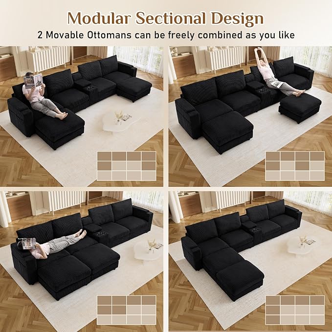 153" W x 60" D U Shape Sectional Sofa with USB Charging & Cup Holder & Storage, 6 Seater Plush Corduroy Couches with Movable Ottoman, Cloud Couch Sofas for Living Room, DIY Combination - Black