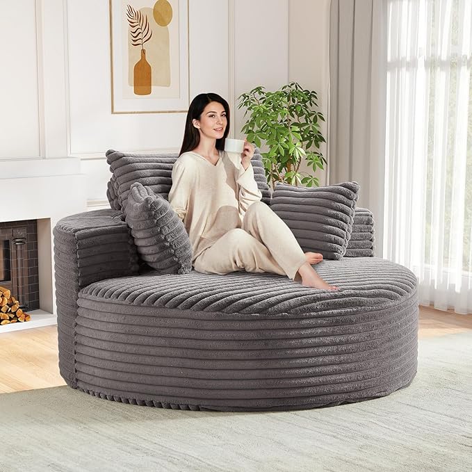 Oversized Round Chaise Longue Chair Indoor, Modern 55-inch Upholstered Corduroy Deep Seat Circle Single Cloud Lounge Floor Sofa Chair for Living Room, Bedroom Apartment, Grey