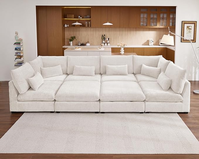 Oversized Modular Sofa, Extra Deep Cloud Chenille Sectional Couch with Ottoman Chaise, Fluffy Chenille 8 Seater Sofa Bed for Living Room, Villa (Sofa Bed 8 Seater, Chenille White)