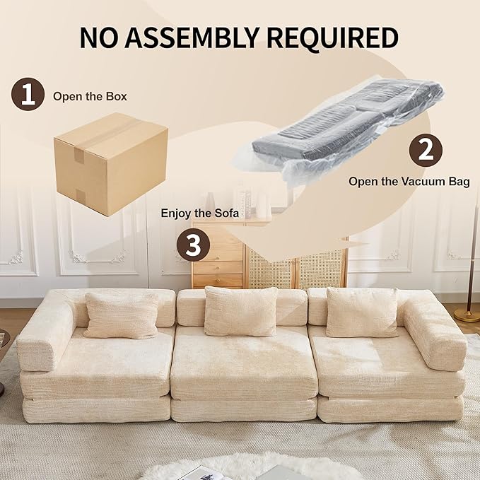 6-in-1 Folding Convertible Sofa Bed, 118 Inch Boneless Couch with Fixed-Shape Frame, Chenille Sleeper Sofa with Pull Out Bed, Floor Sofa Modular Futon Couches for Living Room Bedroom Lounge (Beige)