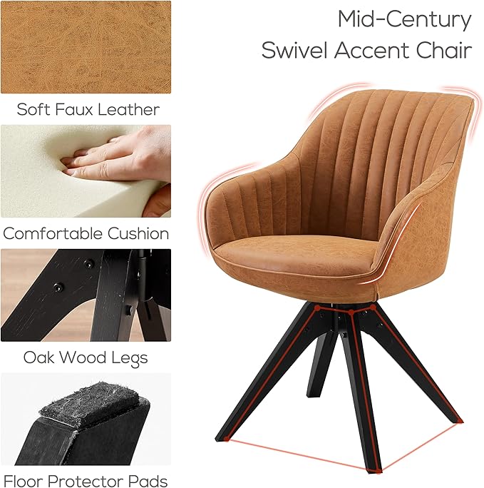 Art Leon Dining Chair, Mid Century Modern Faux Leather Upholstered Swivel Dining Room Chair with Wood Legs, Leisure Side Chair with Arms for Living Room, Brown