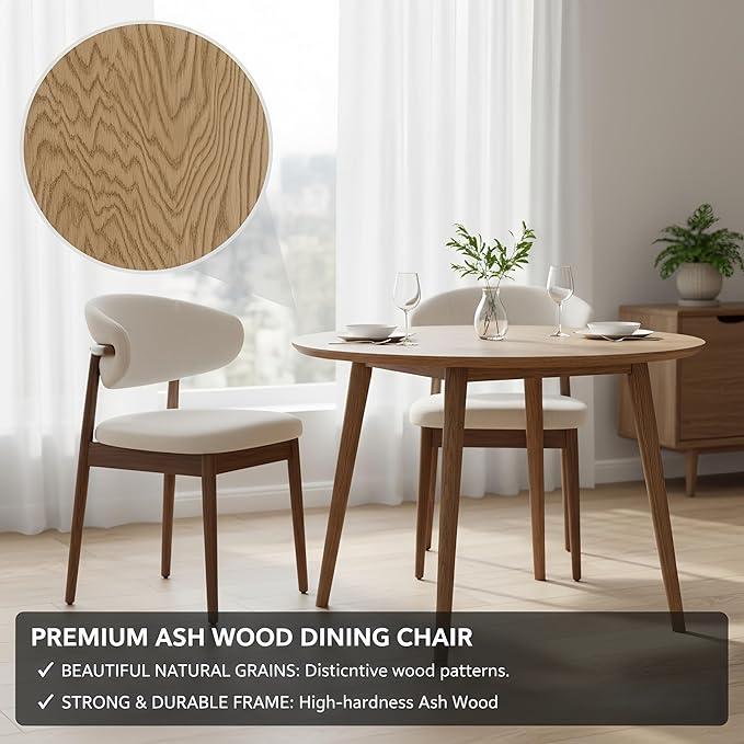 Set of 2 Solid Ash Wood Dining Chairs, Upgraded Reinforced Zero-Wobble Frame, Mid-Century Modern Side Chairs with Ergonomic Curved Backrest & Adjustable Floor Protectors (K-Walnut, Set of 2)
