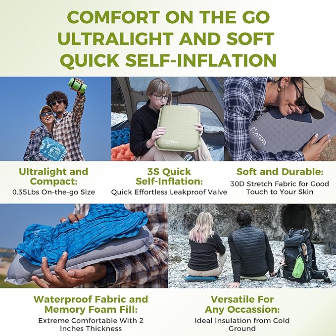 ATEPA Inflatable Seat Cushion, Self-Inflating Portable Stadium Airplane Travel Foam Cushion Pad for Camping, Sports Events, Outdoor