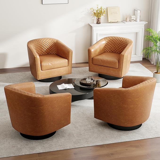 DREAMSIDEA Swivel Barrel Accent Chair, Comfy Modern Upholstered Round Faux Leather Arm Chair for Living Room, Bedroom（Coffee, Set of 1