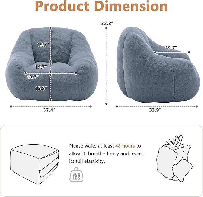 Setawix Bean Bag Chair with Filler, Comfy Teddy Bean Bag Chairs for Adults and Kids, Cozy BeanBag Sofa Fully Floor Couch with Memory Foam for Living Room Bedroom,Light Blue