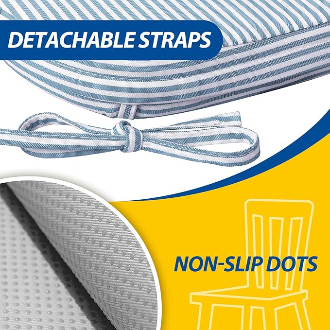 AAAAAcessories D-Shaped Chair Cushions, 2" Thick Dining Chair Pads with Ties and Removable, Machine-Washable Cover, 17" x 16", Pinstripe Blue