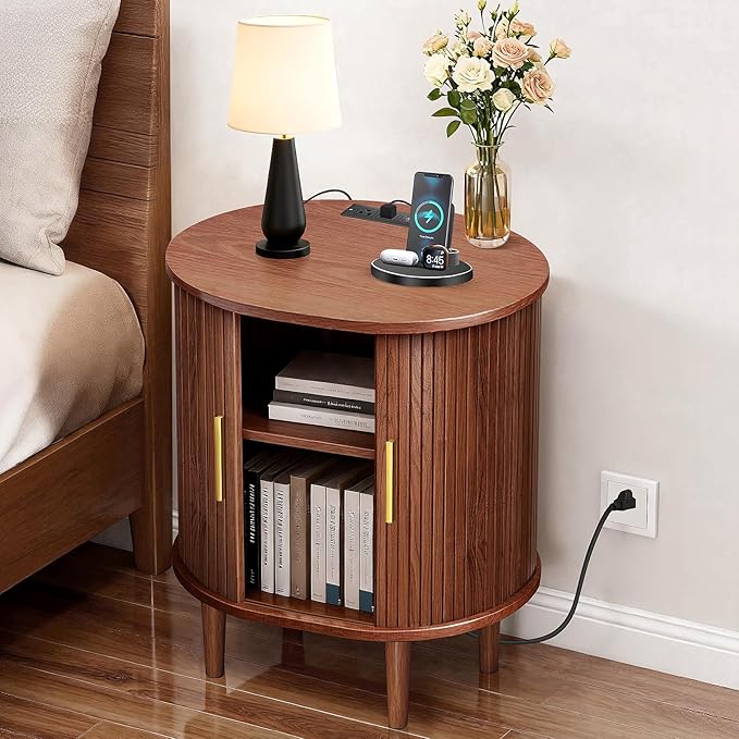 DHH Mid Century Modern Nightstand Set of 2 with Charging Station, Fluted Accent Side Table with Sliding Door & Adjustable Shelf, End Table for Small Space, Living Room, Bedroom,Sofa Couch(2, Walnut)