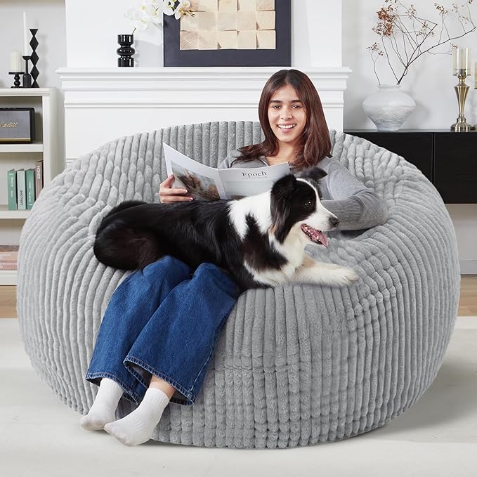 Homguava 5 FT Bean Bag Chair,5' Big Bean Bag,Giant Bean Bag Chairs for Adults with Memory Foam Filled,Comfy Large Beanbag Chairs Soft Bean Bag Sofa with Dutch Corded Plush Cover-Light Grey