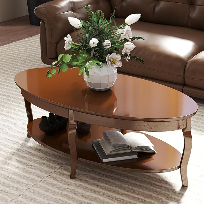 LZAREAL Coffee Table with Storage Oval Solid Wood Coffee Table Antique Farmhosue Living Room Table Rustic Center Table for Living Room Guest Room Reception Room Waiting Room, Brown Walnut Color