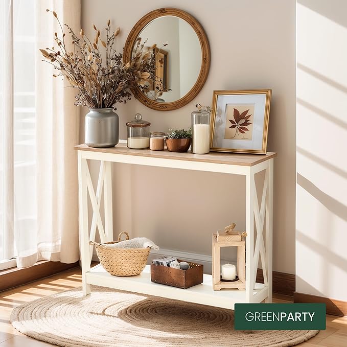 GREEN PARTY Vintage Farmhouse Entryway Console Table, 2-Tier Narrow Sofa Table with Storage Shelf for Living Room and Hallway, Rustic Accent Furniture with Sturdy X-Shaped Legs, Ivory White