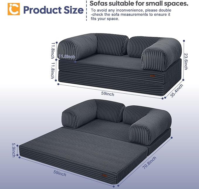 COMAX Futon Sofa Bed, 4-in-1 Floor Foldable Sofa Couch Bed Queen with L-Shaped Armrests, Convertible Folding Chair Bed Sleeper Mattress Fold Out Comfy Lounge for Living Room Bedroom, Faux Fur Ash Gray