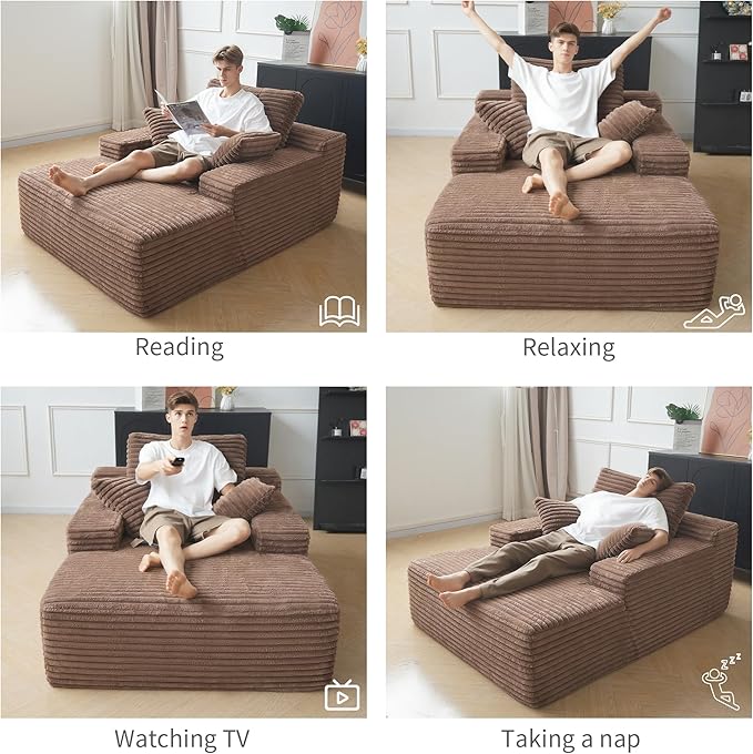 WJShome Oversized Chaise Lounge Chair Indoor, Plush Corduroy Boneless Sofa Bed, Cloud Reading Chair with Throw Pillow for Living Room (Brown)